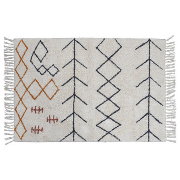 Cotton Tufted Rug With Abstract Design and Fringe
