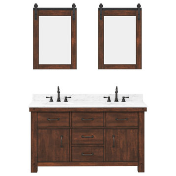 Aberdeen Carrara Marble Countertop Vanity in Rustic Sierra with Barn Mirrors