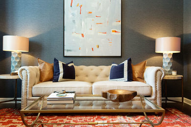 Inspiration for a mid-sized transitional study room in Orlando with blue walls and dark hardwood floors.