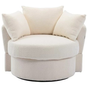 Modern Accent Chair, Barrel Design With Removable Backrest & 3 Pillows, Ivory