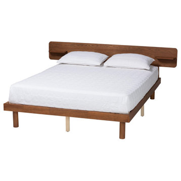 Anna Walnut Brown Queen Size Platform Bed With Built-in Shelf