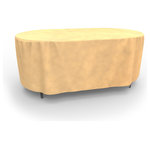 Budge - Budge All-Seasons Oval Patio Table Cover Medium (Nutmeg) - The Budge All-Seasons Oval Patio Table Cover, Medium provides high quality protection to your oval patio table. The All-Seasons Collection by Budge combines a simplistic, yet elegant design with exceptional outdoor protection. Available in a neutral blue or tan color, this patio collection will cover and protect your oval patio table, season after season. Our All-Seasons collection is made from a 3 layer SFS material that is both water proof and UV resistant, keeping your patio furniture protected from rain showers and harsh sun exposure. The outer layers are made from a spun-bonded polypropylene, while the interior layer is made from a microporous waterproof material that is breathable to allow trapped condensation to flow through the cover. Our waterproof patio table cover features Cover stays secure in windy conditions. With our All-Seasons Collection you'll never have to sacrifice style for protection. This collection will compliment nearly any preexisting patio decor, all while extending the life of your outdoor furniture. This oval table cover measures 28" High x 72" Long x 42" Wide.