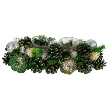 13" Green Pinecone and Silver Glitter Ornaments Christmas Tealight Candle Holder