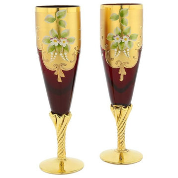 GlassOfVenice Set of Two Murano Glass Champagne Flutes 24K Gold Leaf - Red