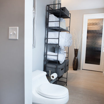 Master bath with enlarged shower and espresso bamboo vanity