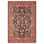 Bareens Designer Rugs - Boho Chic Ziegler Paris Blue Red Hand-Knotted Wool Rug - 6'0'' x 8'10'' - Enhance the ambiance of your home with this magnificent Persian-influenced Turkish hand-knotted rug made by skilled artisans capable of creating the most exceptional vegetable dyes and hand-spun wool. This exquisite handmade rug is a one-of-a-kind Peshawar Kafkaz, otherwise identified as Chobi, Chobi Peshawar, Oushak, or Ziegler rug. These handmade rugs are crafted in Pakistan utilizing superior-quality wool imported from Australia, New Zealand, and Korea in two types of weaves: the Persian weave and the Mori weave. This rug is meticulously crafted by hand using the finest natural vegetable dyes extracted from local plants. The artisans use a blend of hand-spun local and fine merino wool, resulting in a rug with a compelling texture, higher lanolin content, and longer staple. The artisans occasionally incorporate natural or artificial silk into the pile to enhance specific motifs. The finished product is an awe-inspiring execution of flawless design and an understated palette that exudes elegance.