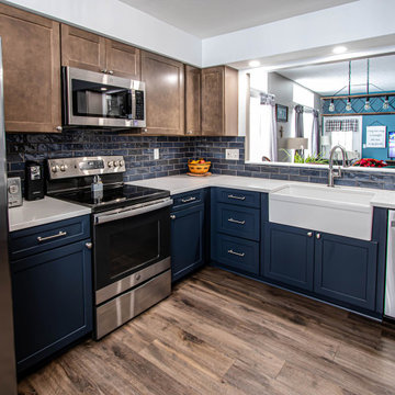 Two Tone Kitchen: Navy and Wood Kitchen with Carrara Wind Quartz Countertops