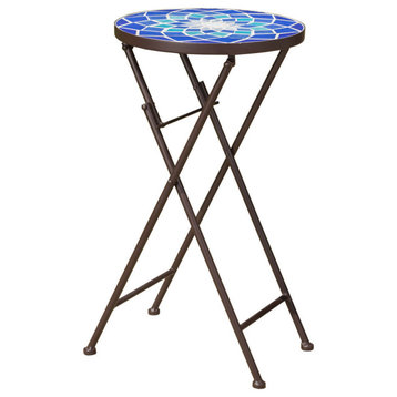 GDF Studio Arwen Outdoor Blue and White Glass Side Table With Iron Frame