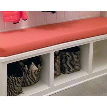 Sunbrella Canvas Melon Bench Cushion Adds Pizzazz to Mudroom Drop Zone