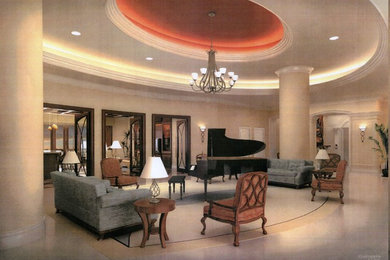 Living room - large traditional formal travertine floor living room idea in Tampa with beige walls, no fireplace and no tv