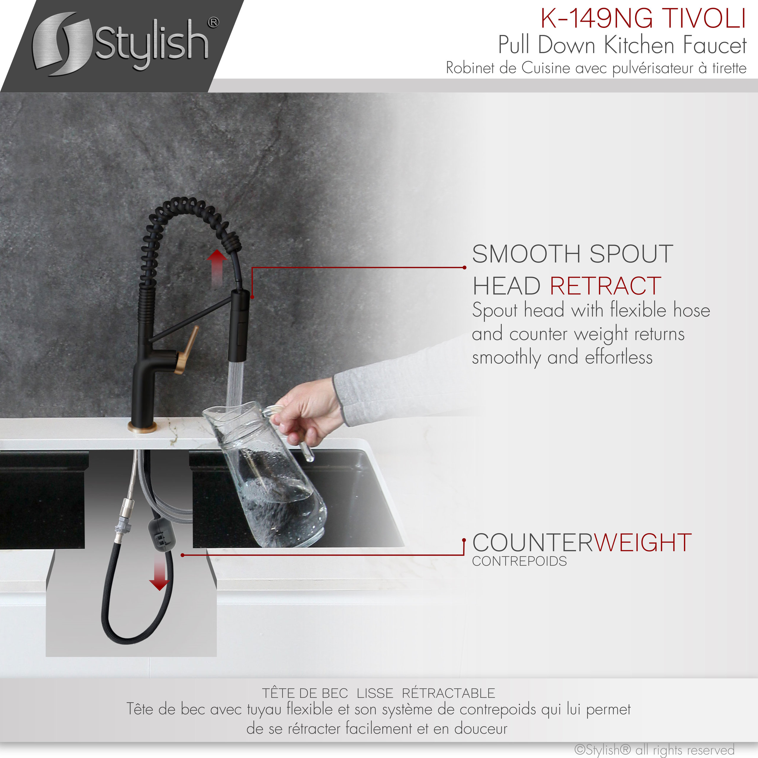 STYLISH Single Handle Pull-Down Dual Mode Kitchen Faucet in Matte Black/Gold