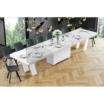 Alena Extendable Dining Table, White Venatino/White