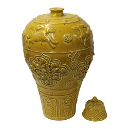 Handmade Ceramic Yellow Dimensional Flower Deer Vase Jar - Decorative Jars And Urns