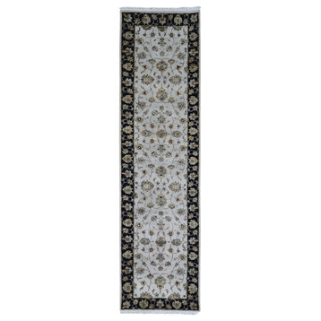 Ivory Rajasthan Half Wool & Half Silk Floral Design Thick & Plush Rug,2'7"x9'10"