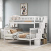 Twin/Full Bunk Bed, Slatted Pine Wood Frame With Staircase Ladder, Pure White