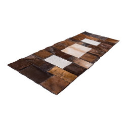 Modern Handmade Cowhide Patchwork Area Rug, Rectangle, Brown White, 5'11"x2'4" - Hall And Stair Runners