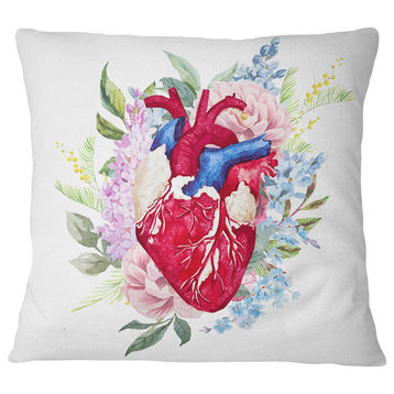 Watercolor Heart with Flowers Abstract Throw Pillow, 16"x16"