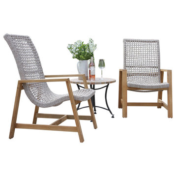 3-Piece Nautical Rope and Teak Lounger Set With Matte Stone Accent Table