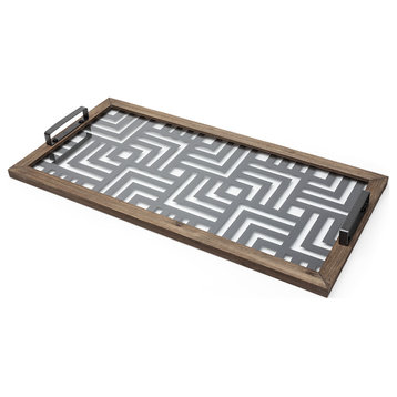 HomeRoots Grey Metal Glasss Top With Maze Like Pattern Tray
