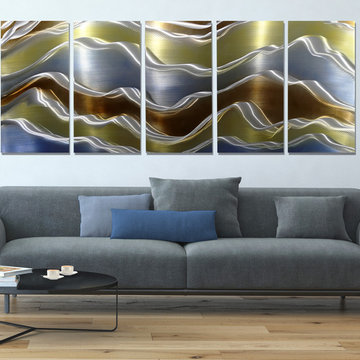 Avalanche - Abstract Gold, Brown, and Blue Modern Metal Wall Painting