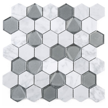 11.75"x11.75" Devra Mixed Mosaic Tile Sheet, White Carrara and Gray