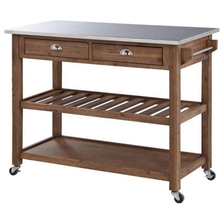 Pemberly Row 2-Drawer Farmhouse Wood Kitchen Cart with Casters in Barnwood Brown