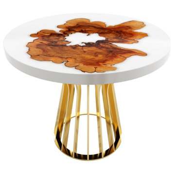 Cross-Cut Olive Wood Round Table, White Top and Gold Base, 6 Seater