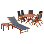 vidaXL - vidaXL Patio Dining Set 7 Piece Folding Table and Chairs Solid Acacia Wood - This stylish and contemporary patio wooden furniture set combines style and functionality, and will add a touch of rustic charm to your garden or other patio space. The dining table is made of high-quality acacia wood, a tropical hardwood, which is weather-resistant and durable. The dark oil finished surface is also easy to clean with a damp cloth. The chairs can be adjusted in 5 positions and have a smooth, soft-to-the-touch, weather-resistant Textilene top. The table and the chairs can be folded to save space when not in use. Finished with a light oil coating, the sun lounger is made of high-quality acacia wood, which is weather-resistant and highly durable. Thanks to the strong Textilene fabric, it is also waterproof and easy to clean. The backrest of the sun lounger can be adjusted so you can always find the most comfortable position. You can keep your drinks, phone, books or other small items within reach on the sturdy square table, which is also made of acacia wood. Delivery includes 1 oval table, 6 folding chairs, 1 sun lounger and 1 square table.
