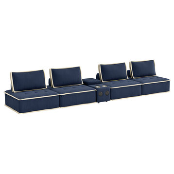 5 Piece Sofa Sectional, Modular Couch, Navy Blue and Cream Fabric