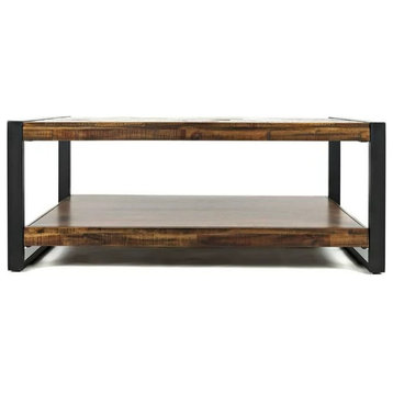 Industrial Coffee Table, Metal Support With Distressed Wood Top and Lower Shelf