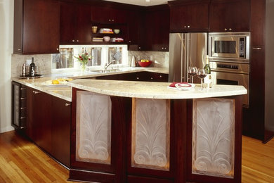 Inspiration for a small modern u-shaped medium tone wood floor open concept kitchen remodel in San Francisco with an undermount sink, flat-panel cabinets, dark wood cabinets, granite countertops, white backsplash, stone slab backsplash, stainless steel appliances and a peninsula