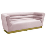 Meridian Furniture - Bellini Velvet Upholstered Sofa, Pink - Add a bit of pizzazz to your living space with this Bellini Pink Velvet Sofa from Meridian Furniture. Rich pink velvet upholstery offers you a luxurious place to curl up with a good book or rest in front of the TV after a long day, while horizontal Channel tufting creates texture and style. Its gold stainless steel base provides solid support, while adding to the sofa's contemporary appearance. Its uniquely curved shape makes this piece a perfect addition to any room in your modern home.