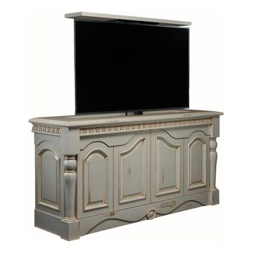 Denver Colorado hand carved TV lift cabinet hides flat screen