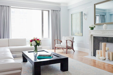 Inspiration for a mid-sized transitional formal and open concept medium tone wood floor living room remodel in New York with blue walls, a standard fireplace, a metal fireplace and no tv