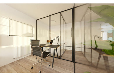 Ejemplo de despacho minimalista grande con paredes blancas, suelo vinílico, escritorio independiente, suelo gris y panelado