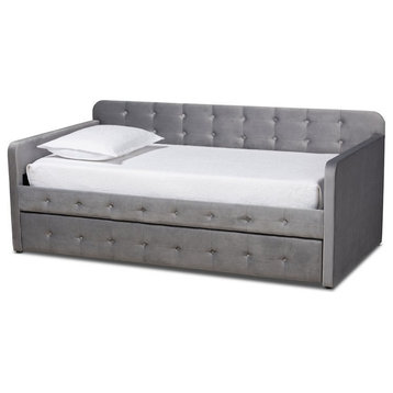 Baxton Studio Jona Gray Velvet Upholstered Twin Size Daybed with Trundle