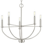 Progress Lighting - Leyden 5-Light Farmhouse Chandelier Light, Brushed Nickel - Transform your home with the gorgeous glow from the Leyden Collection 5-Light Brushed Nickel Farmhouse Chandelier. Light sources glow from atop light bases reminiscent of antique candlesticks arranged in a circular design for elegant charming glow sure to provide any living space with generous illumination. The curved arms reaching up to hold the light bases from the round base at the bottom of the decorative column are all coated in a beautiful brushed nickel finish for a touch of modern character. Twisted metal spokes extend out from the center of the fixture to support the arms for extra visual interest. For ideal illumination, use 5 candelabra base bulbs that are sold separately (60w max - LED/CFL/incandescent). The chandelier is compatible with dimmable bulbs. Incorporate clear light bulbs for a pinch of contemporary shine or opt for vintage bulbs to enhance the light fixture's rustic demeanor. The chandelier's elegant design is ideal for any foyer, dining room, kitchen, bedroom, or living room in farmhouse or transitional style settings. It's time to breathe new life into the mundane every day with timeless and truly transformative bathroom lighting. Make your purchase today to begin your journey to a whole new lighting experience. Progress Lighting products are designed for exceptional quality, reliability, and functionality.