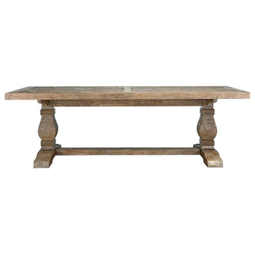 Rustic Dining Table, Double Pedestal Base With Rectangular Wooden Plank Top