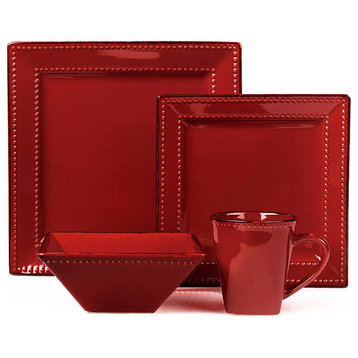 16 Piece Square Beaded Stoneware Dinnerware set by Lorren Home Trends, Red