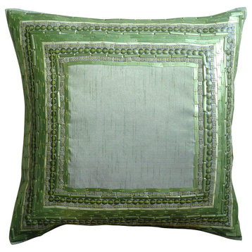 3D Sequins Green Euro Pillow Covers, Art Silk 26"x26" Euro Pillow, Green Envy