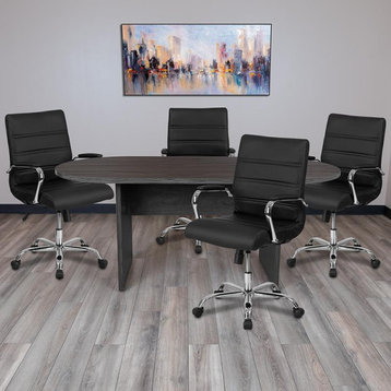 5 Piece Rustic Gray Oval Conference Table Set with 4 Black and Chrome...