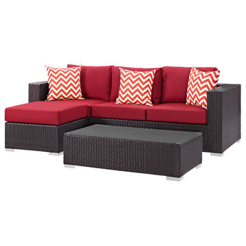 Lounge Sectional Sofa and Table Set, Rattan, Wicker, Dark Brown Red, Outdoor