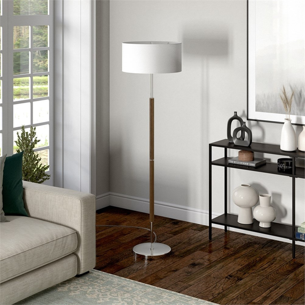 Maklaine Contemporary 2-Bulb Floor Lamp in Rustic Oak and Polished ...