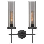 Innovations Lighting - Lincoln, 2 Light 12" Vanity Light, Matte Black, Plated Smoke Glass - The Lincoln collection makes a statement with bold and striking details. The impressive glass cylinder shade sits atop a refined metal frame that features perfectly placed knurling details. Lincoln is a gorgeous addition to traditional or restoration decor.