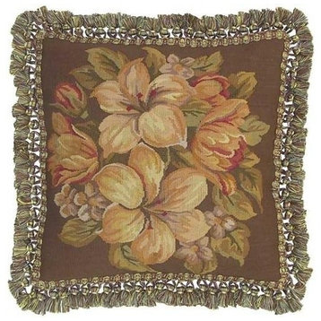 New Aubusson Throw Pillow 18"x18"  Floral Leaf Fabric  Cream/Brown