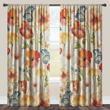 Laural Home Multi Watercolor Poppies Sheer Window Curtain, 84"