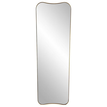 Modern Full-Length Rectangular Mirror in Antique Brass Finish Curved Silhouette