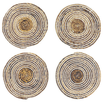 Striped White and Natural Banana Leaf Wicker Round Placemats, Set of 4
