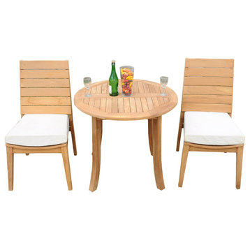 3-Piece Outdoor Teak Dining Set: 36" Round Table, 2 Char Stacking Armless Chairs
