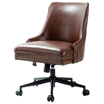 Upholstered Swivel Task Chair With Nailhead Trim, Brown